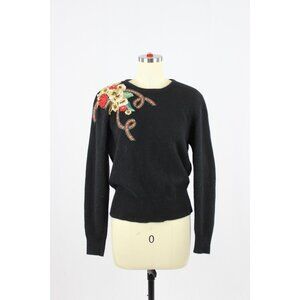 Vintage 90's HERMAN GEIST Blac Blue Knit Hand Embroidered Floral Sweater, Size S